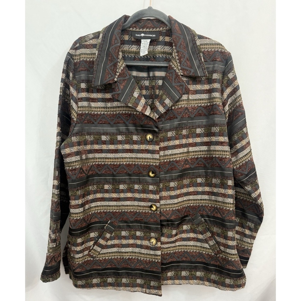 VTG Sag Harbor Jacket Brown Green Textured Jacquard Blazer Womens 14